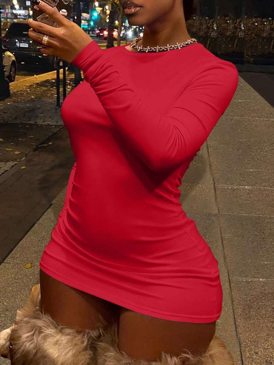LovelyWholesale Women's Casual Round Neck Long Sleeve Solid Color Mini Fashion Dress For Summer - Red - View 1