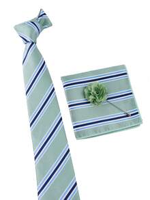 ZONFAZ 3pcs Men's Fashion Versatile Tie Set, 1 Mint Green Diagonal Striped Tie (7.5cm), 1 Pocket Square, 1 Floral Brooch Combination Set, Suitable For Weddings, Celebrations, Parties And Formal Occasions - Mint Green - View 3