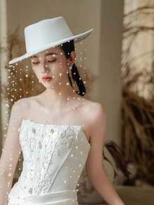 White Felt Wide Brim Fedora Hat With Pearl Tassel Veil, Elegant French Bridal Wedding Hat, Chic Headpiece For Prom Party Bridal Shower Photoshoot - A - 查看 9