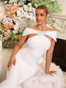 Nuevo vestido de lujo para mujer con cuentas pesadas y adornos de strass, vestido largo negro sexy con cuello asimétrico y corte asimétrico - Blanco - Ver 4