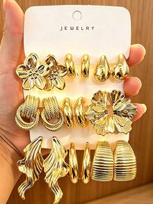 Set Anting Wanita Modis 6-18 Buah, Termasuk Desain Bunga, Geometris, dan Bertekstur, Cocok Dipadukan dengan Berbagai Gaya - Emas - View 1