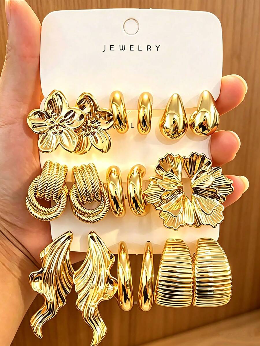 Set Anting Wanita Modis 6-18 Buah, Termasuk Desain Bunga, Geometris, dan Bertekstur, Cocok Dipadukan dengan Berbagai Gaya - Emas - View 1