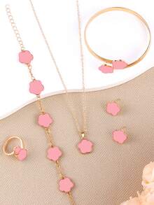6pcs/Set Lucky 4-Leaf Clover Design Bracelet, Necklace, Earrings, Bangle And Ring Set - Pink - View 4