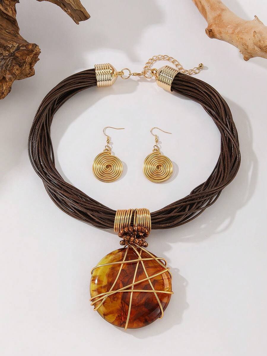 Handmade Exaggerated Multi-Layer Aluminum Wire Artificial Crystal Wax Line Resin Woven Bohemian Vintage Glamorous Evening Party Necklace & Earrings Set, EU/US Style - Coffee - View 1