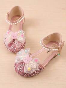 Summer New 3-12 Years Old Children's Sandals, Pink Glitter Rabbit Design, Pink Silver Sequin Colorful Bead Bow Pearl Strap, Elegant And Cute - Pink - View 4