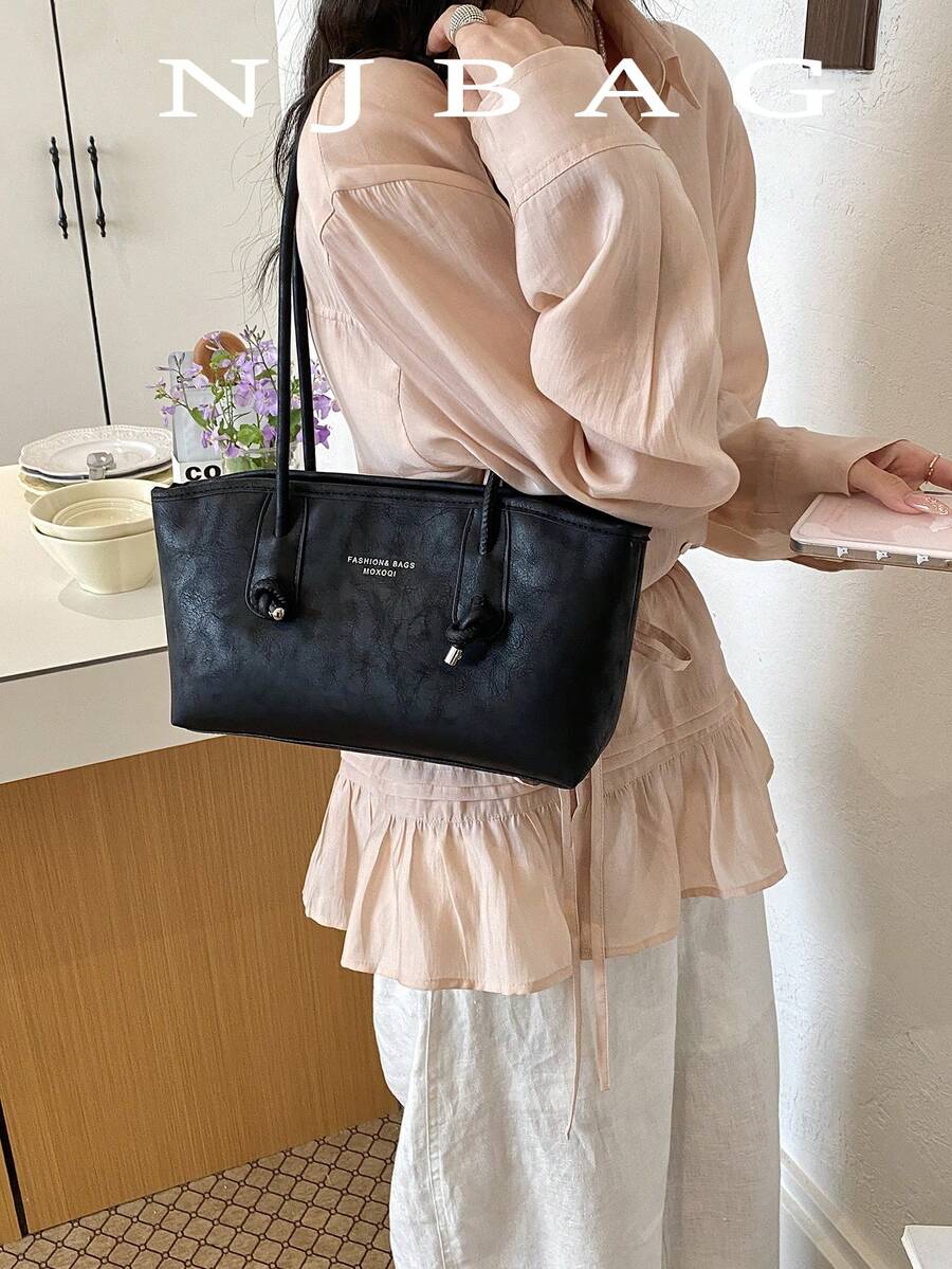 1件裝絎縫拉鍊開合PU純色保齡球包，大容量托特包，新款時尚紋理單肩包，復古美拉德風腋下通勤包，學生背包，適合女性日常使用