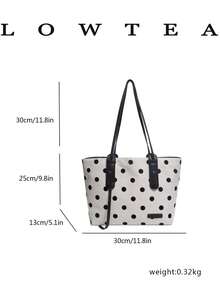 Low Tea 1pc Contrast Color Canvas Fabric Shoulder Bag Women's Casual Large Capacity All-Over Polka Dot Pattern Tote Bag Dual Handle Design Zipper Closure Travel, Shopping, Dating, Women's Gift, Suitable For Teenage Girls, College Students, Beginners And White-Collar Workers, Perfect For Office, Campus, Work, Business, Commute, Outdoor, Travel, Outing - White - View 2