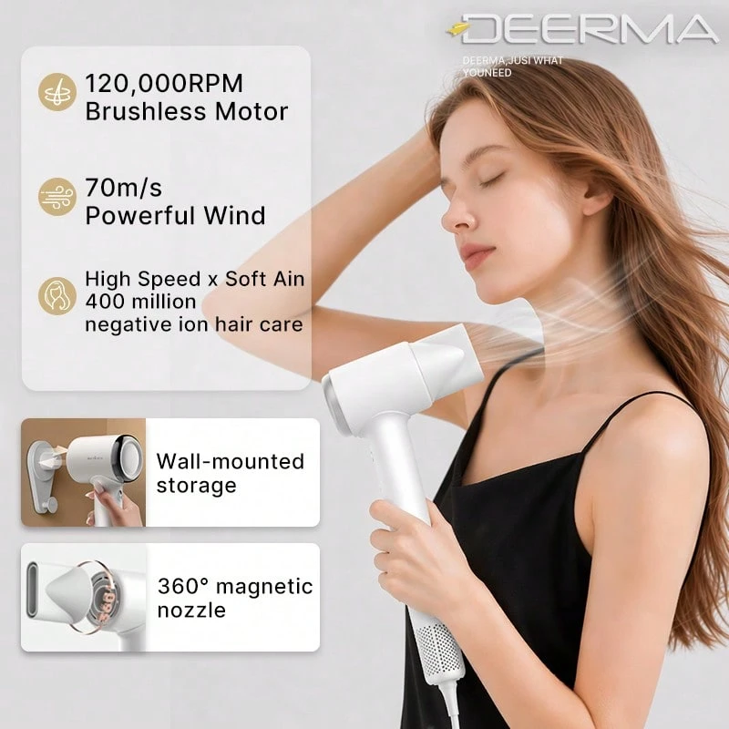 مجفف شعر Deerma عالي السرعة - DEM-CF50W، نظام حقن عالي السرعة 120,000 دورة في الدقيقة، تجفيف قوي وسريع ثلاثي الأبعاد بدون تلف الشعر 70م/ث ريح قوية معززة*مجفف شعر فائق الخفة-الهدية المثالية للعائلة والأصدقاء - مشاهدة 1