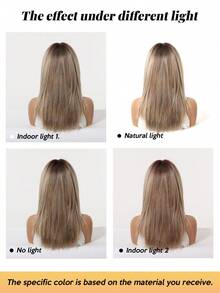 16 Inch Layered Straight Heat Resistant Synthetic Wig Dark Root Caramel Blonde Highlight Wig With Air Bangs, Realistic Hairline Lightweight Daily Date Photo Hair Wig For Women - Multicolor - View 9