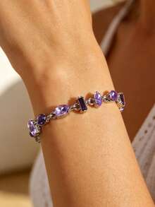 1pc Luxury Elegant Teardrop Shaped Purple Crystal Splice Women's Bracelet, Adjustable Metal Chain Bracelet, Jewelry Accessory, Suitable For Daily, Party, Vacation, Date, Wedding Wear - Purple - View 3