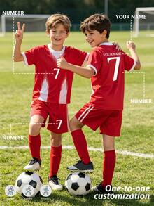 2pcs/Set Personalized Allover Print Football Outfit For Boys, Custom Name & Number/Club Logo Design, Sports Player Jersey, Children Sports Set, Girls Sports Set, 2pcs Boys Football Uniform Set, Custom Name & Idol Design, Short Sleeve & Shorts Set, Suitable For Boys/Girls Sports, Cycling, Outdoor Running, Soccer, Celebrity Same Style Uniform - 紅色 - 查看 1
