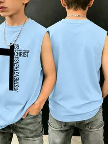 Boys' "I Can Do All Things Through Christ" Cross Graphic Sleeveless Tank Top, Casual Comfortable Fabric, Suitable For Summer School & Daily Wear - Baby Blue - View 1