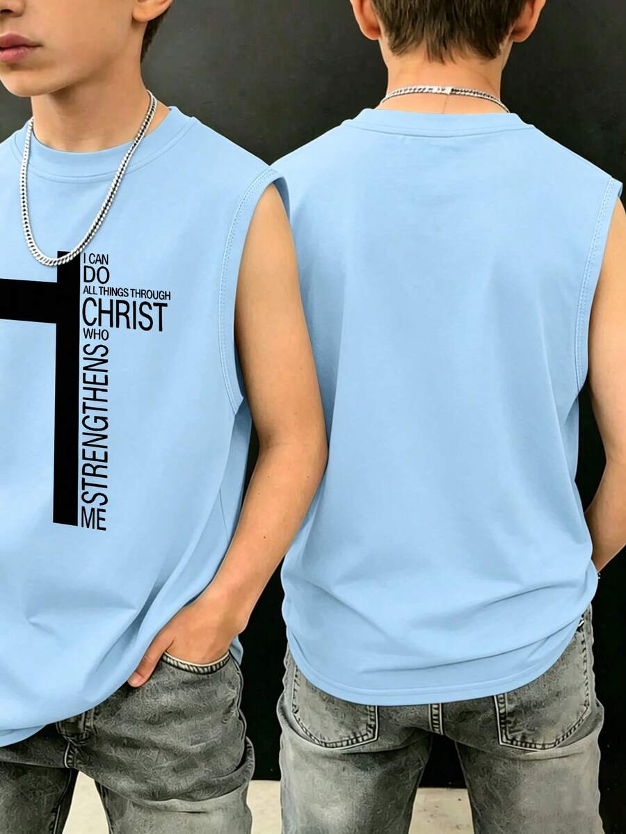 Boys' "I Can Do All Things Through Christ" Cross Graphic Sleeveless Tank Top, Casual Comfortable Fabric, Suitable For Summer School & Daily Wear - Baby Blue - View 1