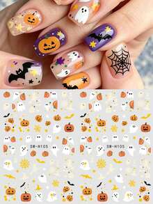 2 Stück Halloween Gruselige Nagelaufkleber, süße Cartoon Kürbis Geist Hexenhut Spinnennetz Nagelaufkleber, selbstklebendes Horror-Stil Nagelkunst Design Nageldekoration - Verschiedenfarbig - Übersicht 1