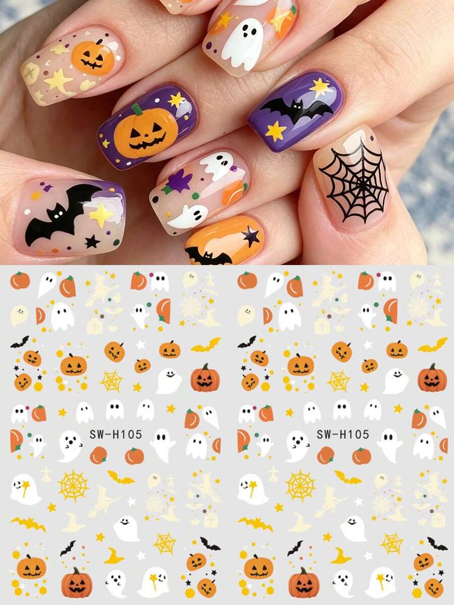 2 Stück Halloween Gruselige Nagelaufkleber, süße Cartoon Kürbis Geist Hexenhut Spinnennetz Nagelaufkleber, selbstklebendes Horror-Stil Nagelkunst Design Nageldekoration - Verschiedenfarbig - Übersicht 1