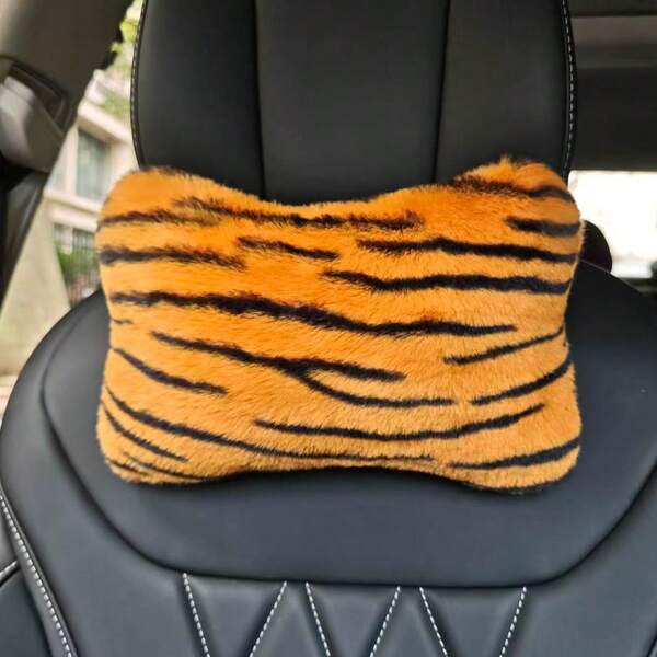 1pc Plush Tiger Stripe Car Neck Pillow, Comfortable Neck Support Car Headrest, Women's Car Interior Accessory