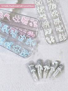 1盒12格軟雕蝴蝶結美甲飾品，緞面3D珍珠蝴蝶結美甲裝飾，Ins夏季時尚DIY美甲配件，適用美甲沙龍與居家使用 - 彩色 - 查看 1