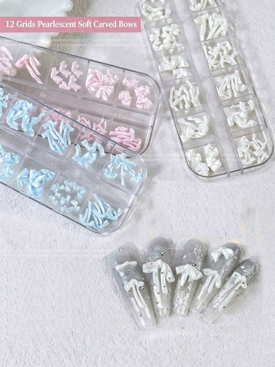 1盒12格軟雕蝴蝶結美甲飾品,緞面3D珍珠蝴蝶結美甲裝飾,Ins夏季時尚DIY美甲配件,適用美甲沙龍與居家使用 - 彩色 - 查看 1