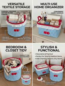 1pc Blue Plaid Cherry Storage Basket With Lace Trim Embroidery, Handheld Large Capacity Multi-Functional Clothes & Sundries Organizer Basket, All Season - Multicolor - View 3