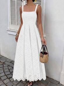 Womens Sleeveless Maxi Summer Dresses  Hollow Out Eyelet Square Neck Ruffle Flowy Beach Vacation Sundress - 白色 - 查看 1