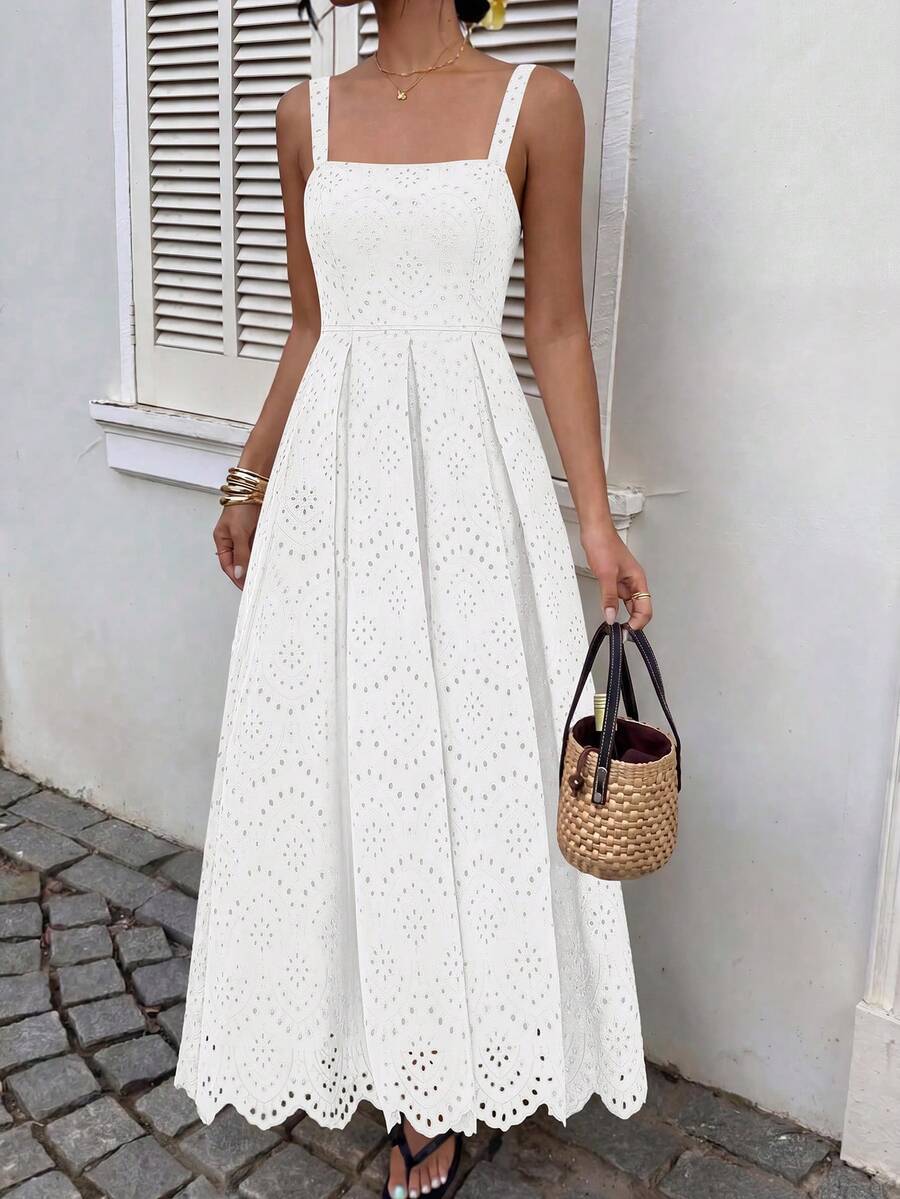 Womens Sleeveless Maxi Summer Dresses Hollow Out Eyelet Square Neck Ruffle Flowy Beach Vacation Sundress - 白色 - 查看 1