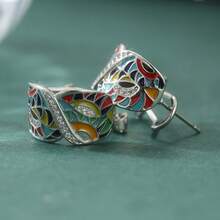 Unique Handmade Drip Oil Colorful Leaf Enamel Hoop Earrings, Eye-Catching Accessory Suitable For Cocktail Parties, Parties And Daily Wear, Exquisite Birthday And Holiday Gift For Women - Silver - View 4