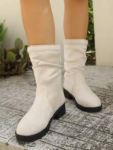 Women's Elegant Versatile Suede Buckle Round Toe Pleated Slip-On Mid-Calf Boots, Casual Wear Slip-On Round Toe Slimming Fashion Boots, Casual Fabric Wedding - Beige - View 3