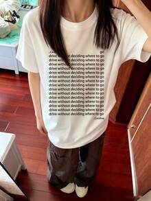 女款休閒圓領字母印花寬鬆短袖T恤，春夏百搭白色 - 白色 - 查看 3