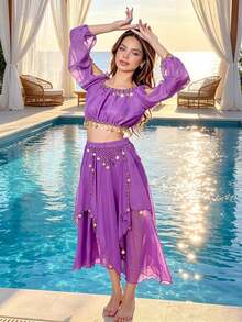 Professional Belly Dance Cold Shoulder Puff Sleeve Coin Crop Top, Elastic High Waist Asymmetrical Chiffon Skirt With Dangling Coins For Dance Training, Stage Shows And Competitions - Multicolor - View 1