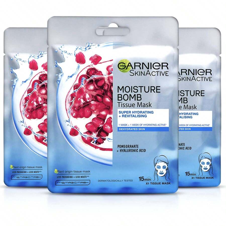 3x Garnier Skin Active Moisture Bomb Tissue Mask Hyaluronic Acid + Pomegranate 28g - Vitamin C - View 1
