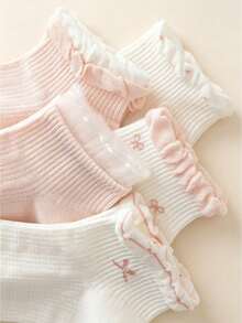 5 Pairs Sweet Pink Ruffle Trim Women's Short Socks, Cute Bowknot Casual Socks, Comfortable And Soft, Suitable For Spring And Daily Wear - Multicolor - View 4