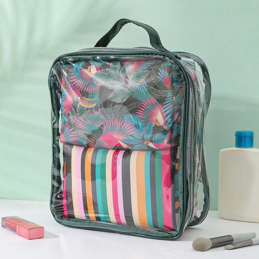 3Pcs Tropical & Stripe Print Makeup Bag Set, Clear PVC Waterproof Swimming Storage Bag With Portable Pouches For Beach, Travel & Vacation - View 1