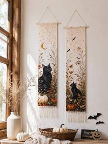 1pc/2pcs Vintage Black Cat Pumpkin Moon Bat Tassel Hanging Banner, Retro Halloween Vertical Tapestry, Spooky Farmhouse Style Autumn Wall Decor, Gothic Wildflower Scroll, Indoor Fireplace Porch Window Halloween Trick Or Treat Holiday Home Background Decoration Gift - Multicolor - View 7