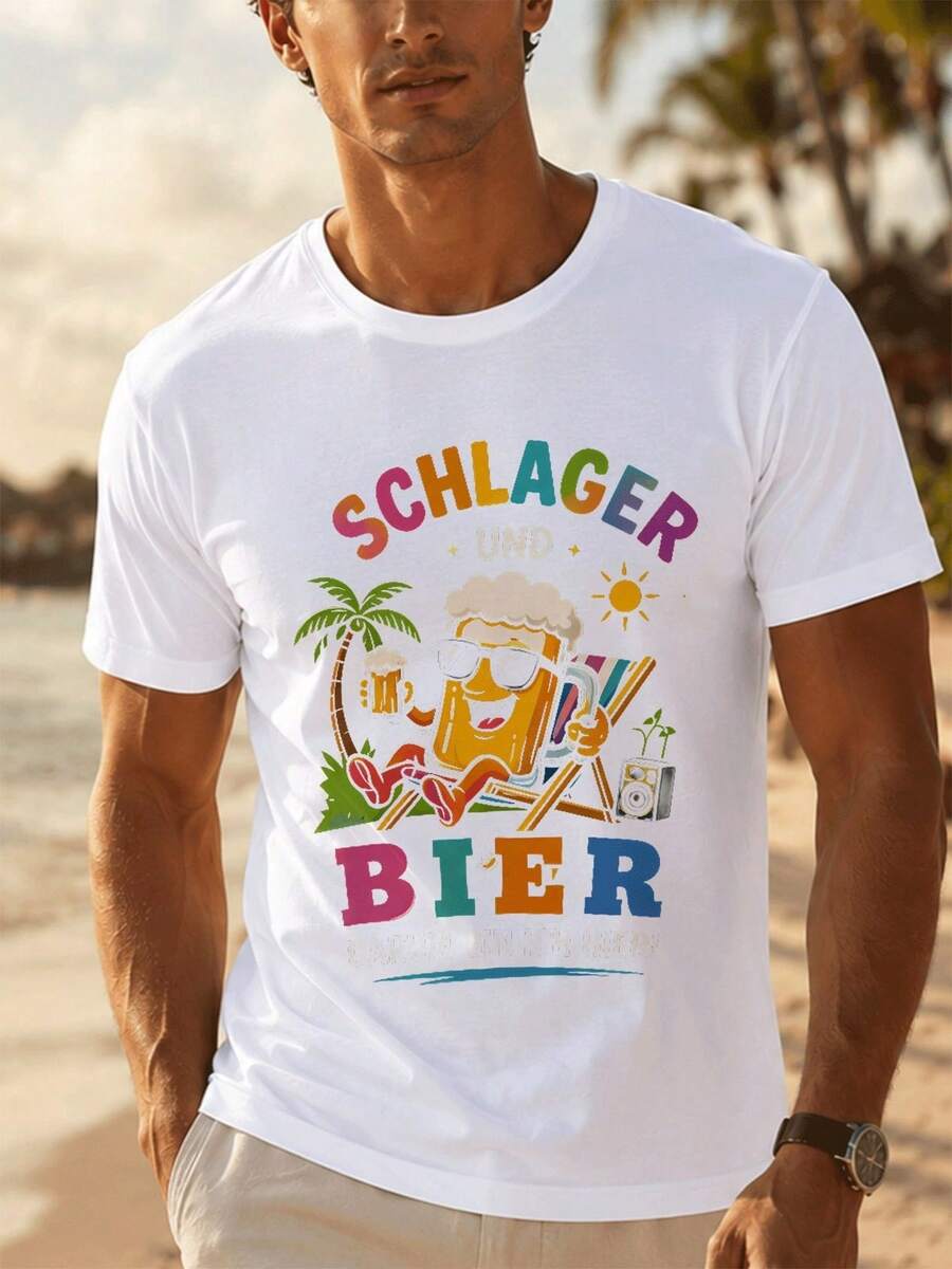 Herren-Schlagerparty-Themen-T-Shirt – Leichtes Freizeit-T-Shirt mit Rundhalsausschnitt Schlager Malle Party(6)-Aufdruck, maschinenwaschbar, geeignet für Strandurlaub, Strandresorts & Freizeitkleidung, ganzjähri - Weiss - Übersicht 1