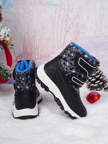 Kids Winter Thermal Lined Snow Boots Boys, Double Hook & Loop Anti-Slip Thick Sole Mid-Calf Warm Snow Boots - Black - View 3