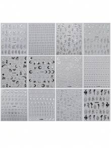 12pcs 5D Gothic Metallic Silver Nail Stickers, Y2K Snake Moon Star Embossed Decals For Acrylic Nails DIY Punk Manicure Decoration Sticker - Multicolor - View 11