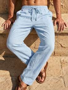 Men's Loose Straight Leg Linen Beach Pants, American Style Summer Hawaiian Casual Sporty Solid Color Versatile Long Trousers - Baby Blue - View 5