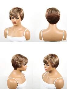 Straight Pixie Cut Wig Human Hair For Women Highlight Bob Wigs Human Hair Glueless Wig None Lace Front Replacement Wig With Bangs Full Machine Made Short Layered For Daily Use #4/27 - S4/27 - View 5