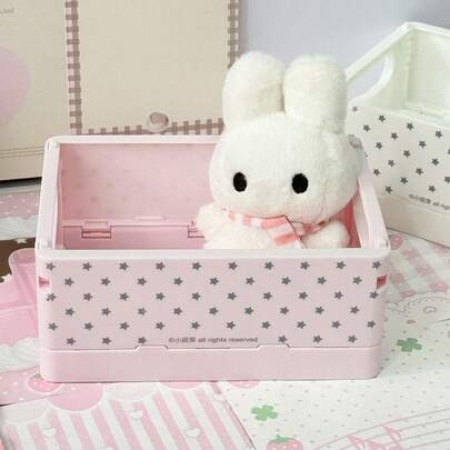 Cute Star Print Foldable Storage Crate Portable Collapsible Plastic Storage Basket With Handle Kawaii Pink White Desktop Organizer Bin For Stationery Cosmetics Toy Snack Bedroom Decor