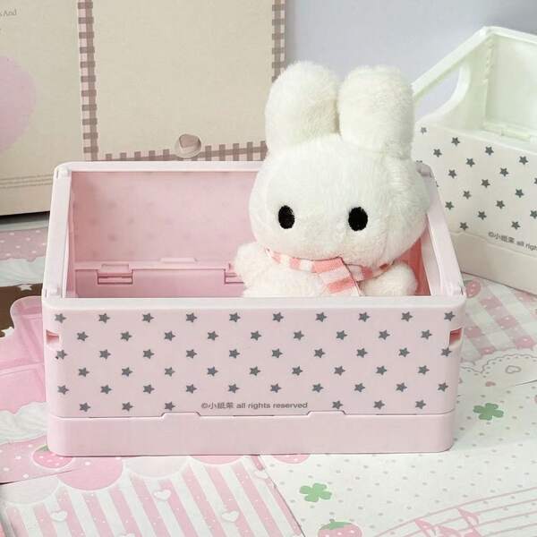 Cute Star Print Foldable Storage Crate Portable Collapsible Plastic Storage Basket With Handle Kawaii Pink White Desktop Organizer Bin For Stationery Cosmetics Toy Snack Bedroom Decor
