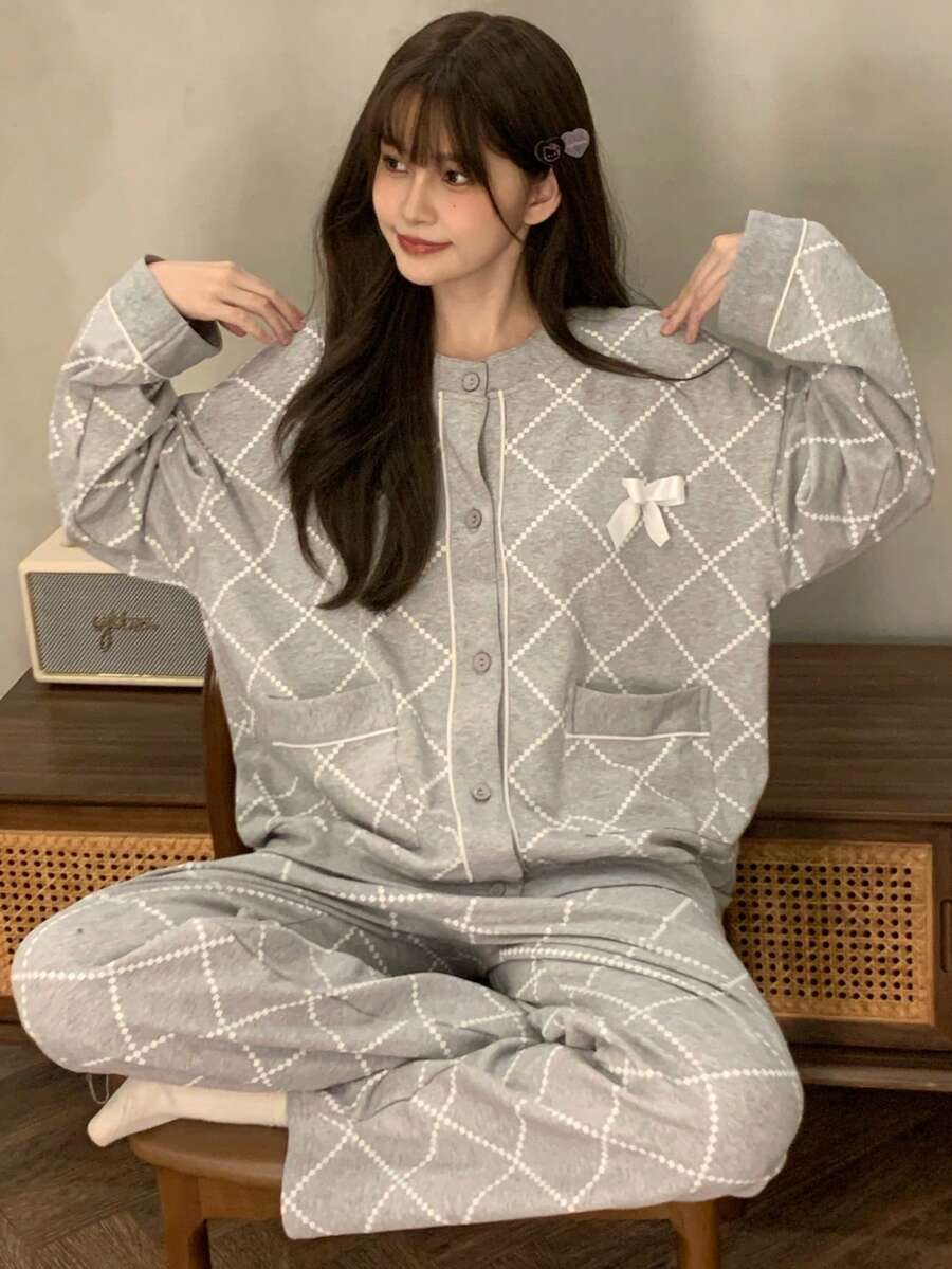 2pcs/Set Women's Pajamas Homewear, Open Front Round Neck Plaid Print With Two Pockets And Bow Decor, Long Sleeve Long Pants, Suitable For Spring, Autumn And Winter - Grey - View 1