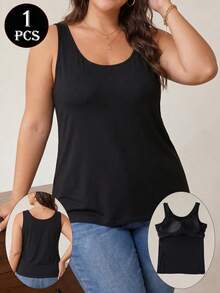 1pc Women's Plus Size U-Neck Built-In Bra Tank Top, Soft Modal Elastic Fabric, Breathable Support Loose Fit, Basic Casual Sleeveless Top - Black - View 4