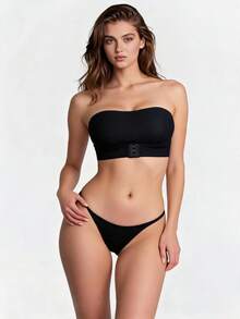 1pc Black Front Closure Ribbed Women's Bra, Front Clasp Padded Bra, Strapless Bandeau, Can Replace With Preferred Cup Inserts - Multicolor - View 1