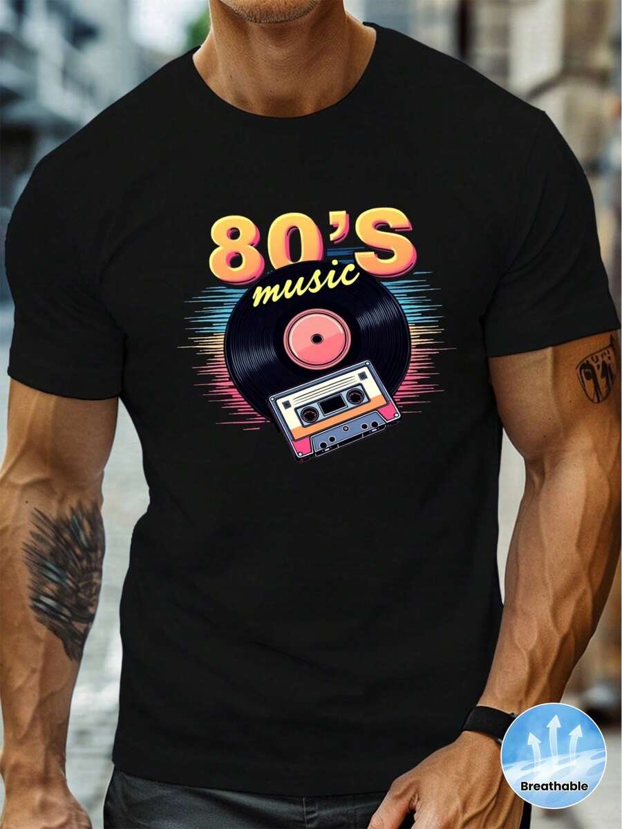 T-shirt d'été pour hommes, t-shirt rétro musical des années 80 – imprimé nostalgique de cassettes et de musique des années 80, tissu léger et respirant, t-shirt beige à col rond et manches courte - Noir - Voir 1