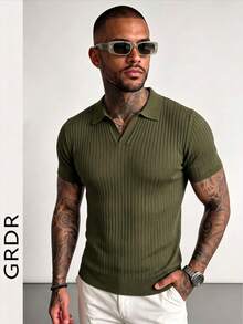 GRDR Men's Summer Airplane Collar Ribbed Solid Color Short Sleeve Knit Sweater, Suitable For Summer Outings, Essential For Fashionable Styling - Army Green - View 4