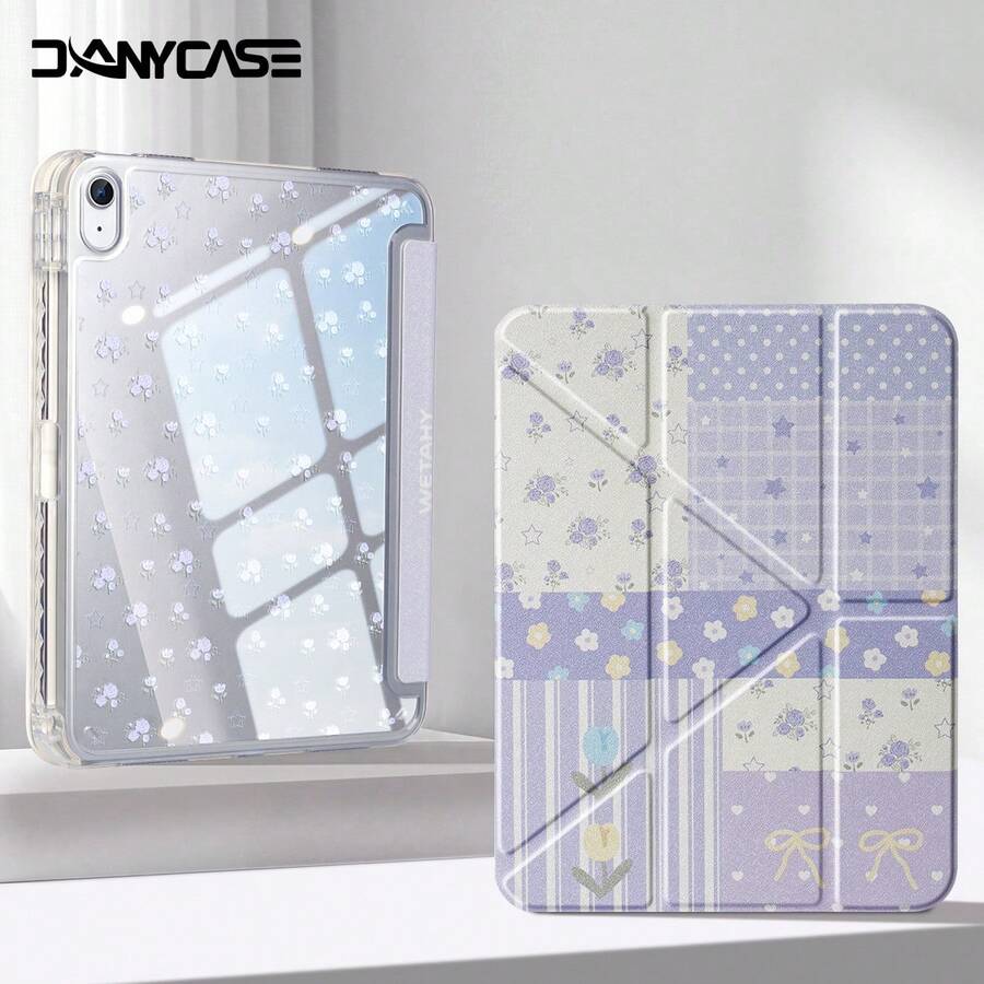 Cute Y-Fold Tablet Case With Pencil Holder For IPad Air 8 (M4) 11" 13" 2026 11th (A16) Air 11 M3 M2 Pro 11 M4 M5 7th 8th 9th 10.2" 10th 10.9 Air 4 Air 5 Corner Guard Design - Small Purple Flowers - View 1