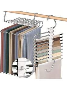 1pc Space-Saving 9-Tier Metal Pants Rack, Non-Slip Stainless Steel S-Shaped Closet Organizer With Hooks, Suitable For Leggings And Long Pants, Wardrobe Accessory | Sturdy Clothing Rack | Durable Metal Hanger - Multicolor - View 3