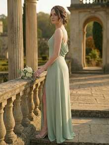 Volly Toych Solid Color Floor-Length Chiffon Spaghetti Straps Elegant Formal Bridesmaid Dress With Low Back - Mint Green - View 4