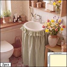 1/2pcs Green Striped Farmhouse Ruffle Sink Skirt Decor Cabinet Curtain Bathroom Kitchen Sink Skirt Brown Striped Pleated Short Curtain Home Classroom Country Style Table Privacy Curtain Laundry Room - Green - View 11