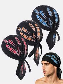 3 piezas Bandana de pirata con estampado de llamas para hombres, gorro de ciclismo adecuado para uso diario - Rojo llama / Naranja llama / Azul llama - Ver 4